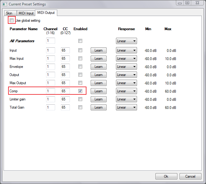 Step 04 - in the Presets settings, enable and assign the MIDI output for the Comp parameter